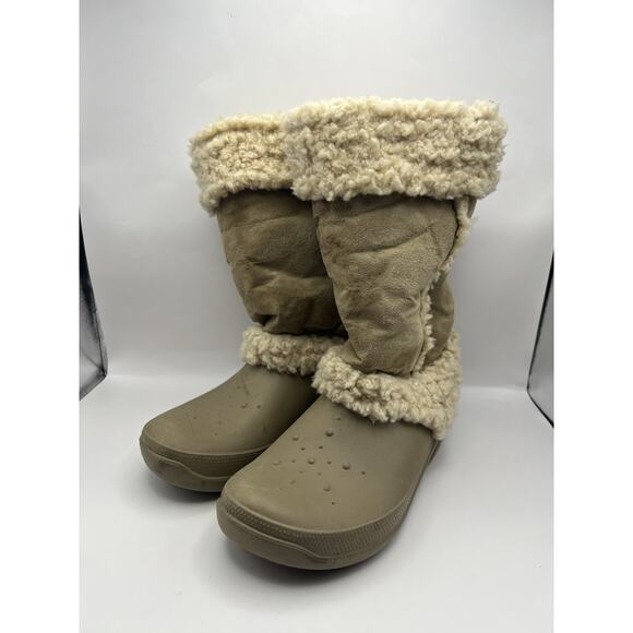 Crocs Womens Boots Mid Calf Tan Beige Faux Suede Size 8 - Picture 4 of 7